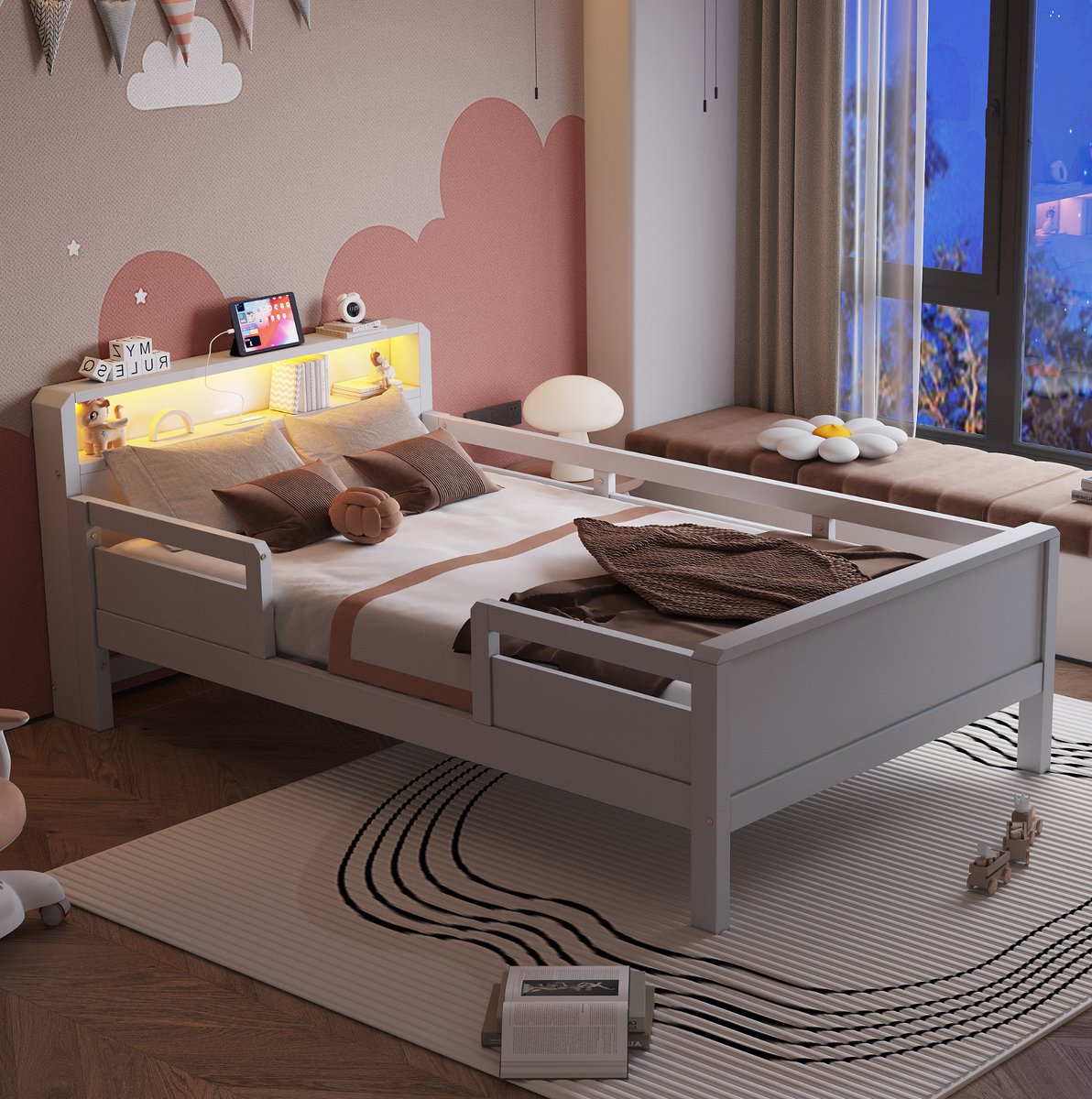 COVREO Kinderbed 90x200 cm wit van hout en MDF met opbergvak, LED-verlichting en USB-C laadpunt