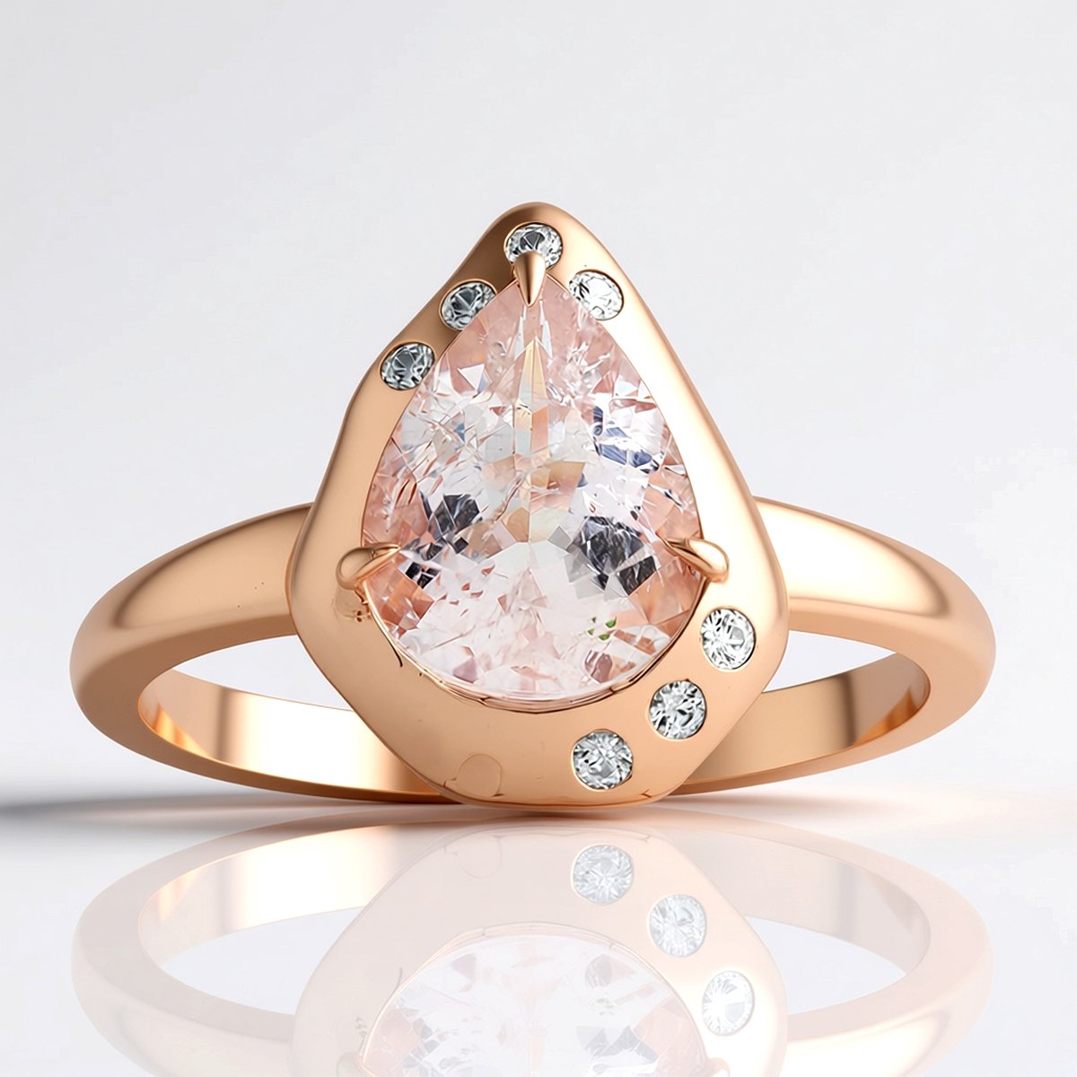 Cavill - Elegante Zilveren Damesring - 925 Sterling Zilver Roségoudverguld - Braziliaanse Morganiet 1,38 ct Peervorm - 7 Zirkonen