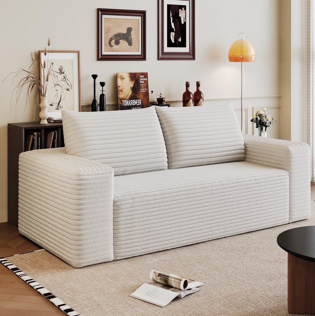 OKWISH Zitbank 180 cm - Diepe Zitting, Zonder Montage En Modulaire Vorm - Voor Woonkamer Of Slaapkamer - Stof - Creamy White