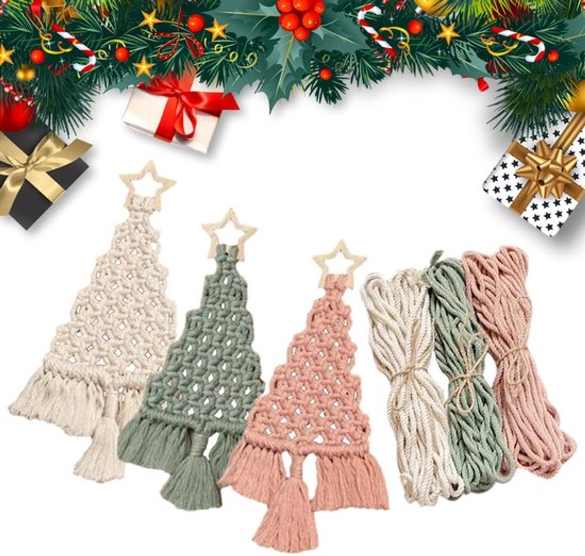 Macrame DIY Kit - 3 Stuks Kerstdecoratie - Katoenen Touw - Multifunctionele Hangers - Instructies Inclusief - 18 x 23 cm