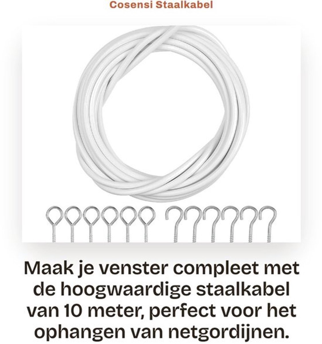 Staalkabel 10 M - Gordijnset met Haken - Kunststof Gecoat - 10 Paar Ogen - Veerstaal - 4 mm Diameter - Gordijnkabel