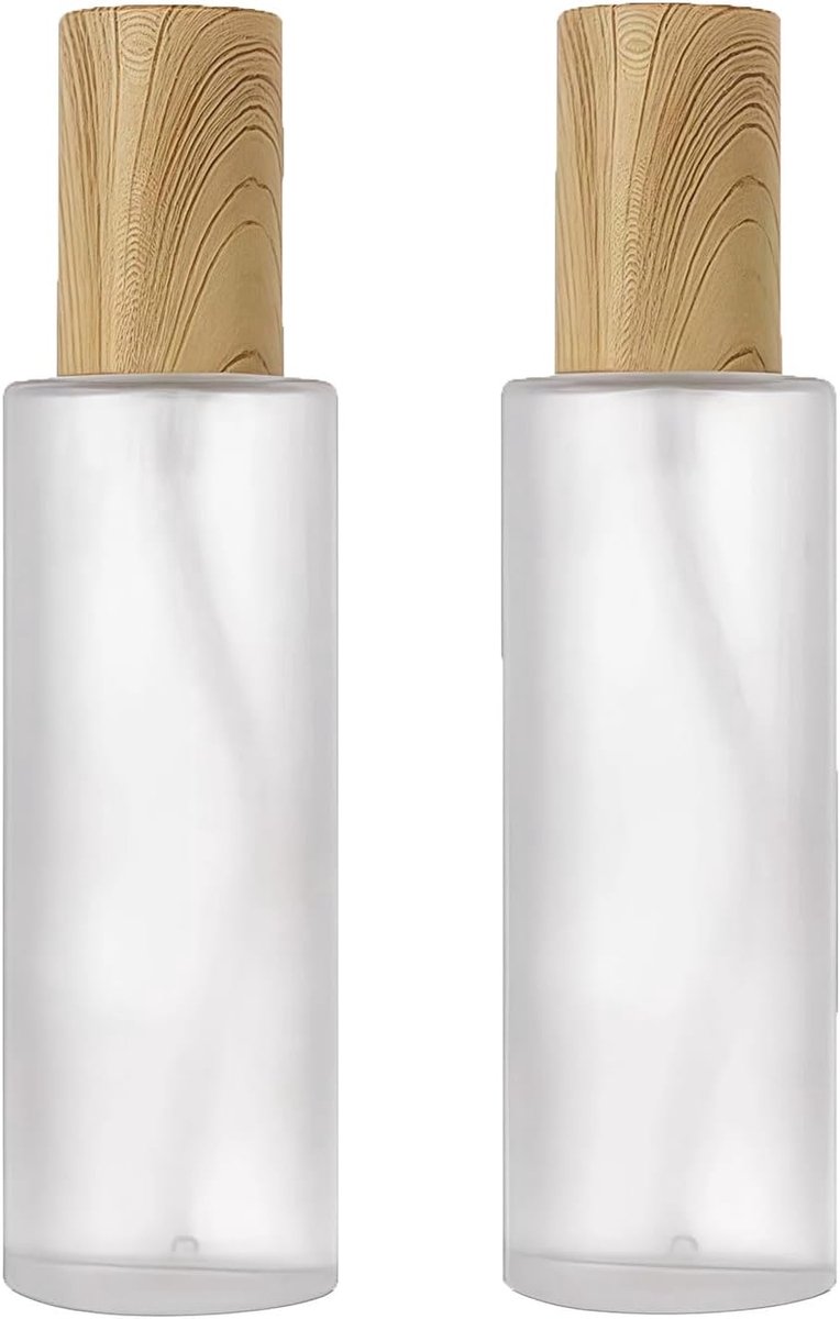 SnelShoppen - 2 Stuks 120ml/4oz Duidelijke Frosted Glas Lotion Pompflessen, Lege Herbruikbare Toilettas Flessen met Houten Textuur Deksel voor Cosmeti