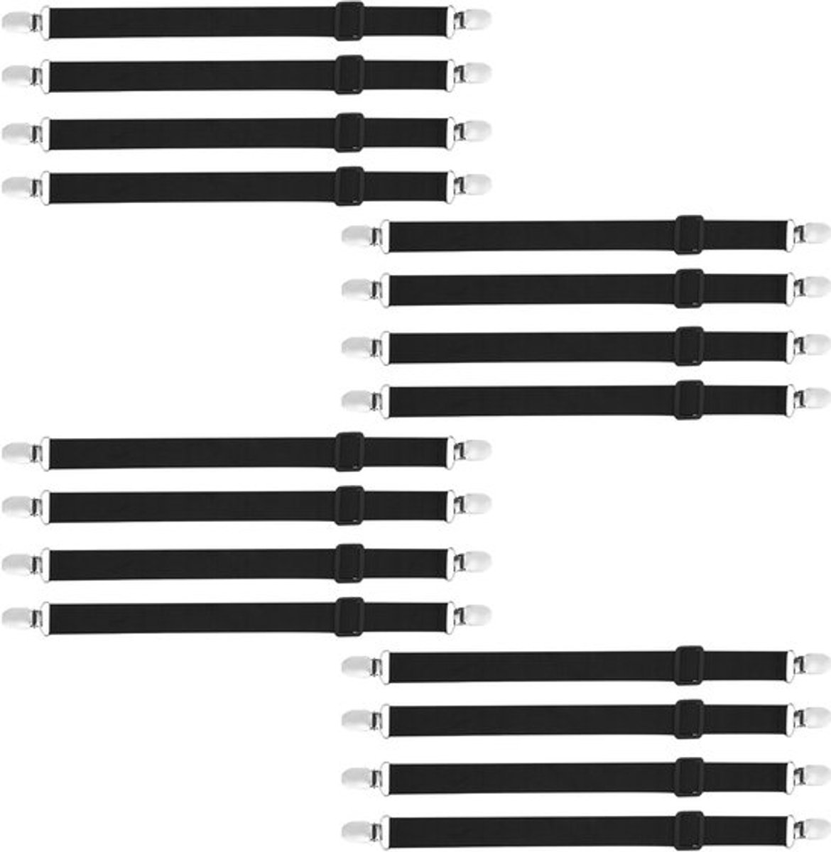 Lakenspanners Set van 16 - Verstelbare Lakenspanners - Bedlinnenbevestigingen - Sterke Elastieken - Kunststof Clipsysteem - Verstelbereik 30-100 cm - Bedlinnen