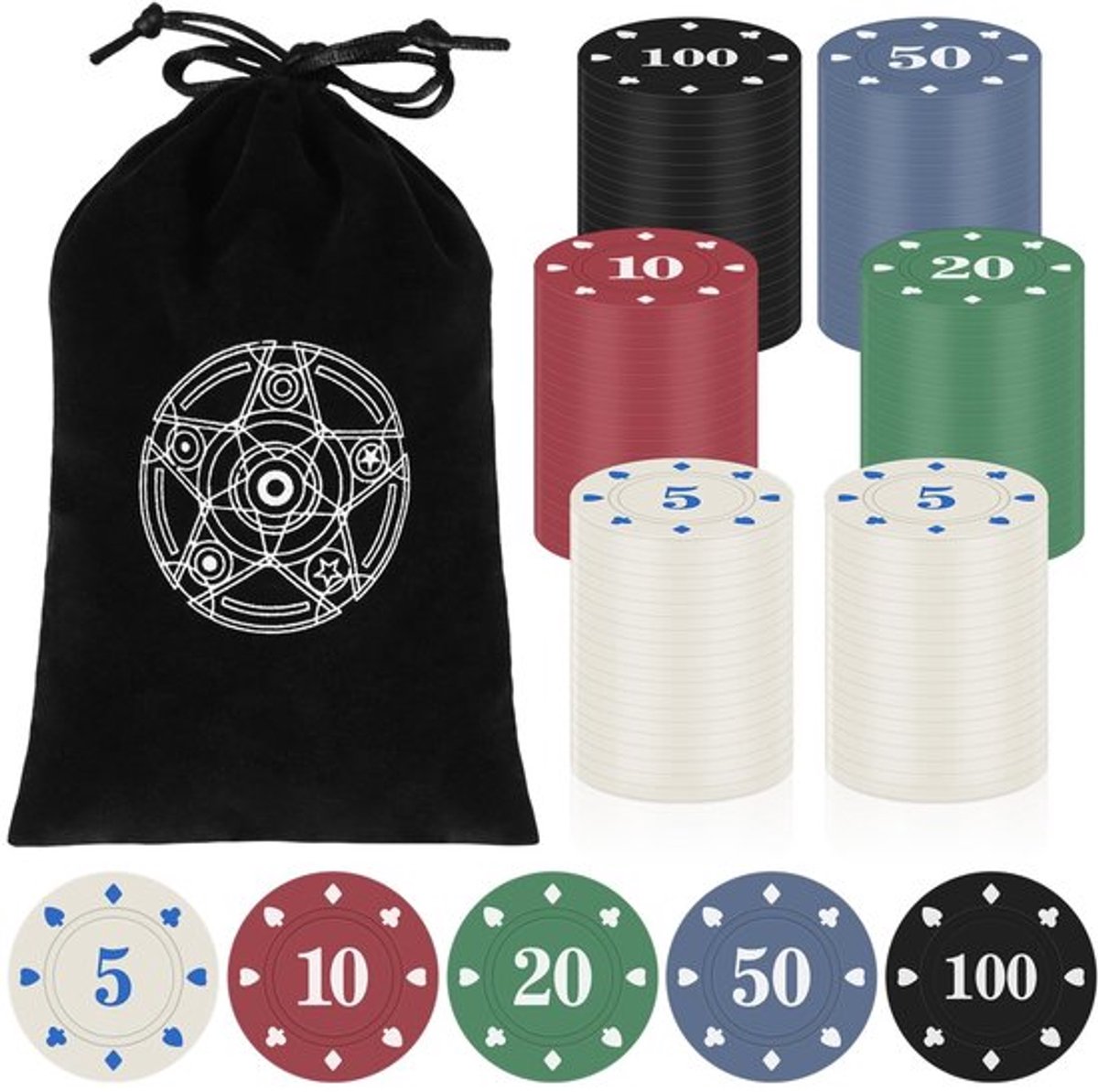 Pokerchips 120 Stuks - PVC - Feestaccessoires - Casinochips - Spelletjesavonden - Afmetingen 40 x 40 x 3 mm