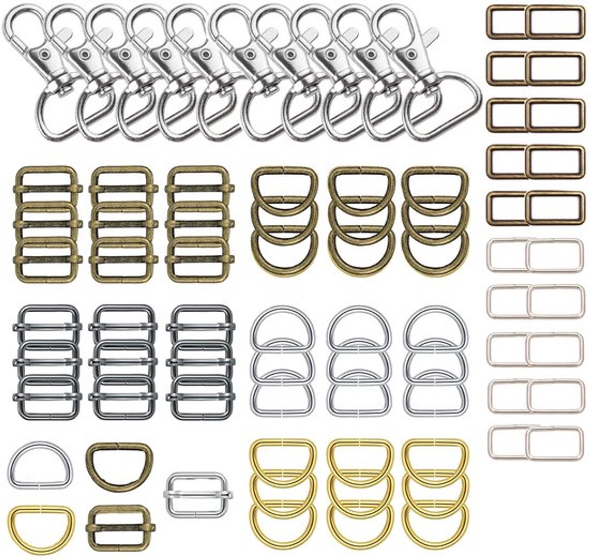 Draaischarnier - Karabijnhaak/D-ring - Schuifgesp/Riemversteller - Set van 10 stuks - Duurzaam metaal - Ideaal voor doe-het-zelf projecten - Gespen