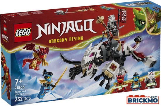Doos van Lego Ninjago 71863 Zilvar en Grimtak met een draak en vier Ninjago-figuren.