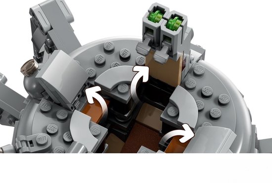 Close-up van een LEGO Spider Tank met draaiende mechanische onderdelen.