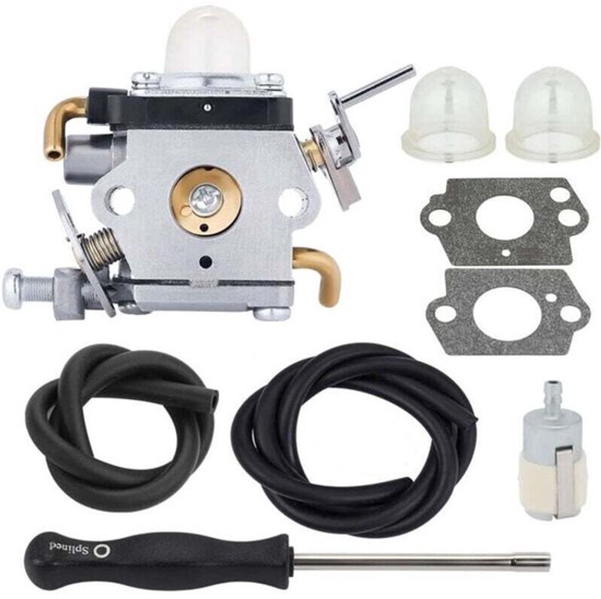 Carburateur geschikt voor Husqvarna 122LD en 122C grasmaaiers, inclusief pakking, brandstofleiding en bougie. Geschikt geschikt voor onderdeelnummers 581734301 en 574386701.