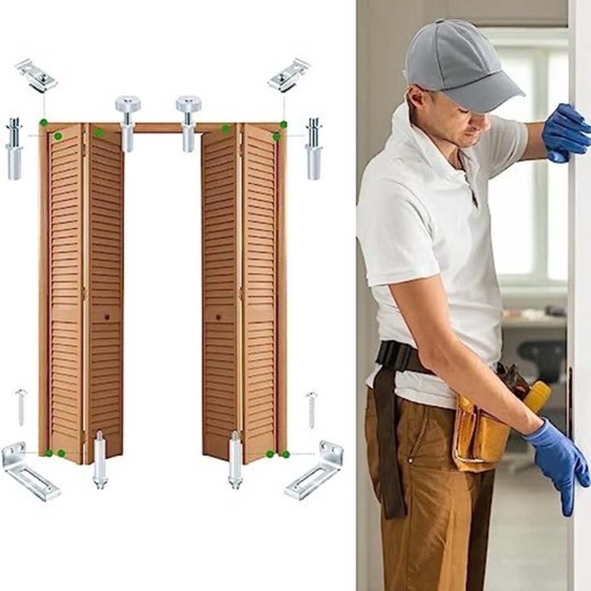 Dubbele vouwdeur hardware set, jaloeziedeurde hardware, inclusief bovenste en onderste scharnierpunten, beugels en geleidingsrollen, dubbele vouwdeur kast hardware reparatieset