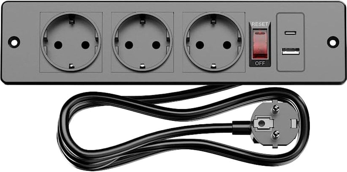 Inbouwstopcontact 3-voudig - met schakelaar en 2 USB - tafelstopcontact met 1,5 m kabel - ideaal voor werkblad - ShopVlot