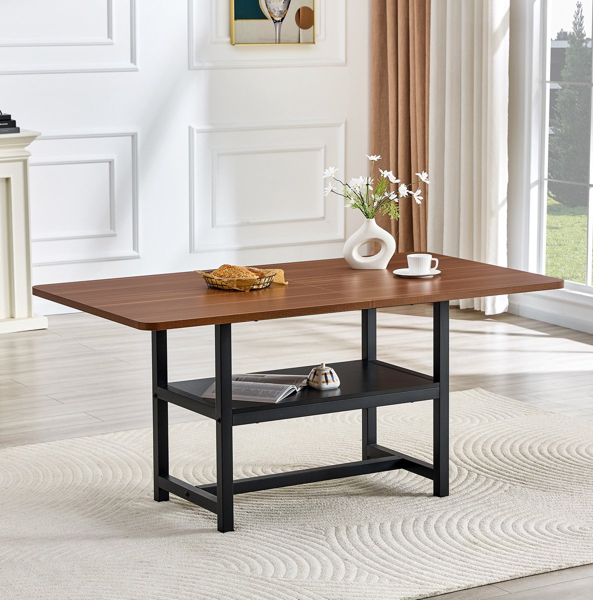 MEUNIQ eettafel 160 x 90 x 76 cm rechthoek met opbergplank voor 4-6 personen, walnootkleurig MDF tafelblad en zwarte metalen poten, industrieel Zwart, walnootkleurig