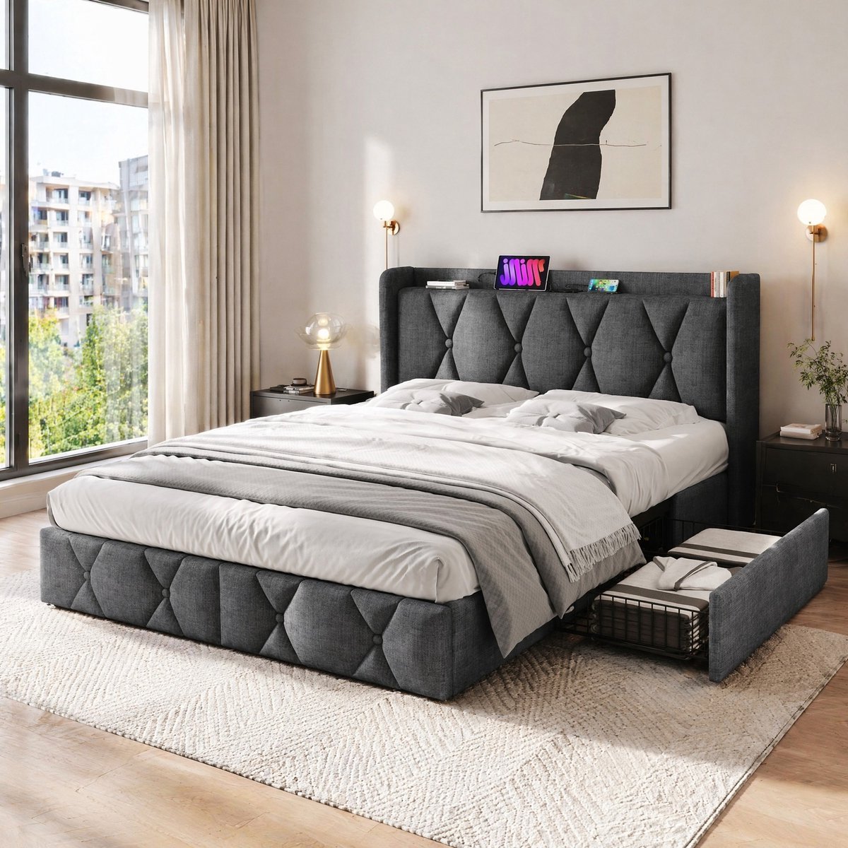 COVREO Bedframe 140x200 cm grijs, USB, 4 lades, lattenbodem, zonder matras
