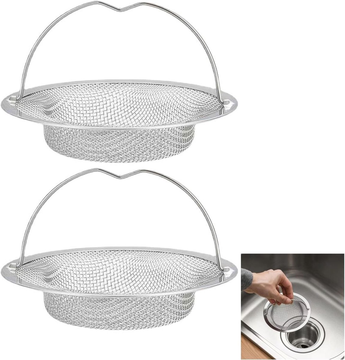 RVS Afvoerzeef Set van 2 voor Keuken en Badkamer, Clog Bescherming, Handvat en Hoge Dichtheid Gaten voor Effectieve Afvoeropvang