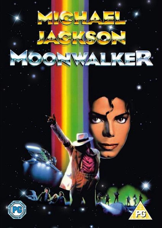 Michael Jackson Moonwalker DVD-hoes met een regenboog en Michael Jackson in een wit pak.