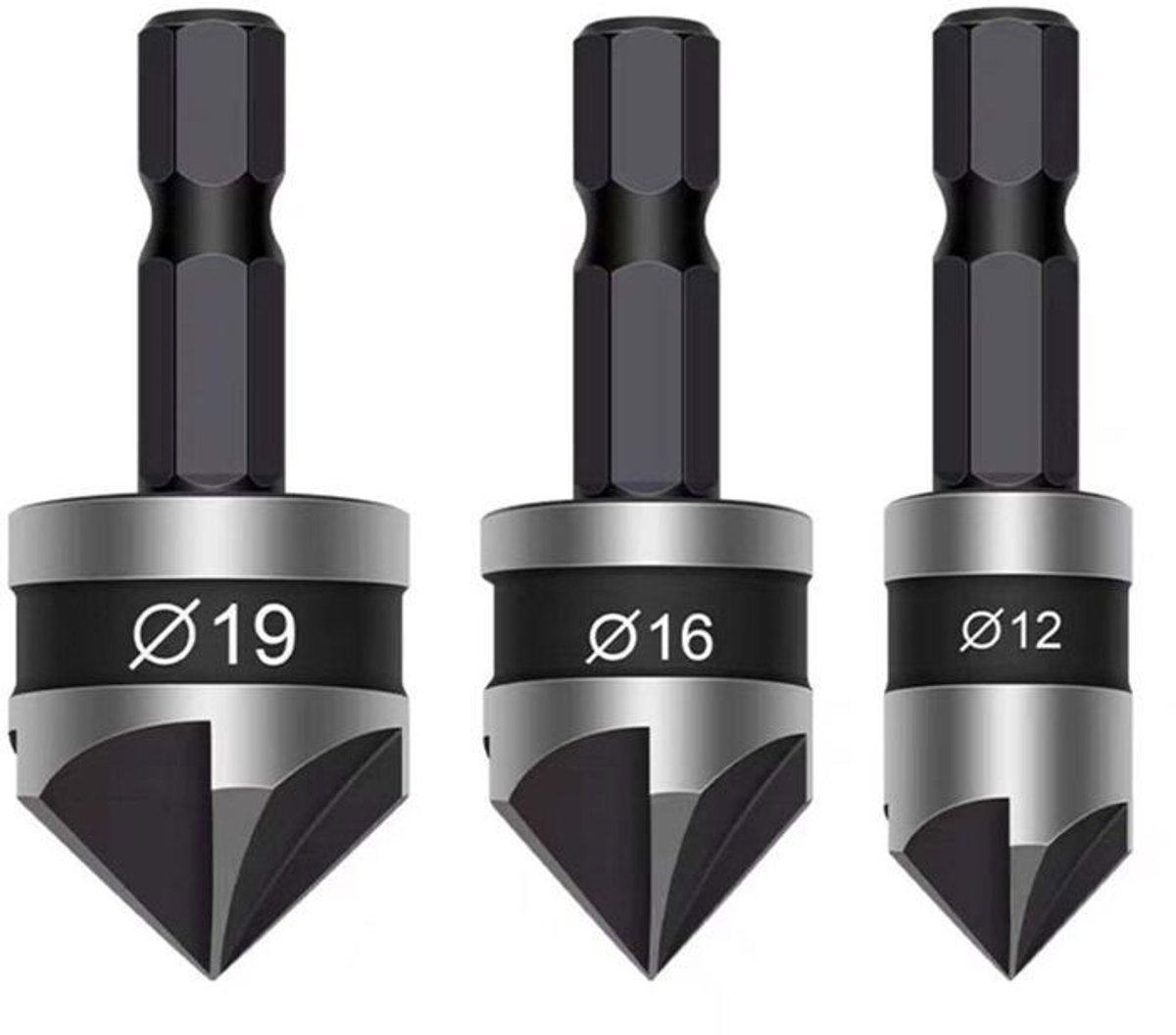 Een set van 3 conische boren, 6,35 mm zeskantschacht, 5 snijkanten, 90 graden harthoek, met diameters van respectievelijk 12 mm, 16 mm en 19 mm, Geschikt voor houtbewerking (zwart).