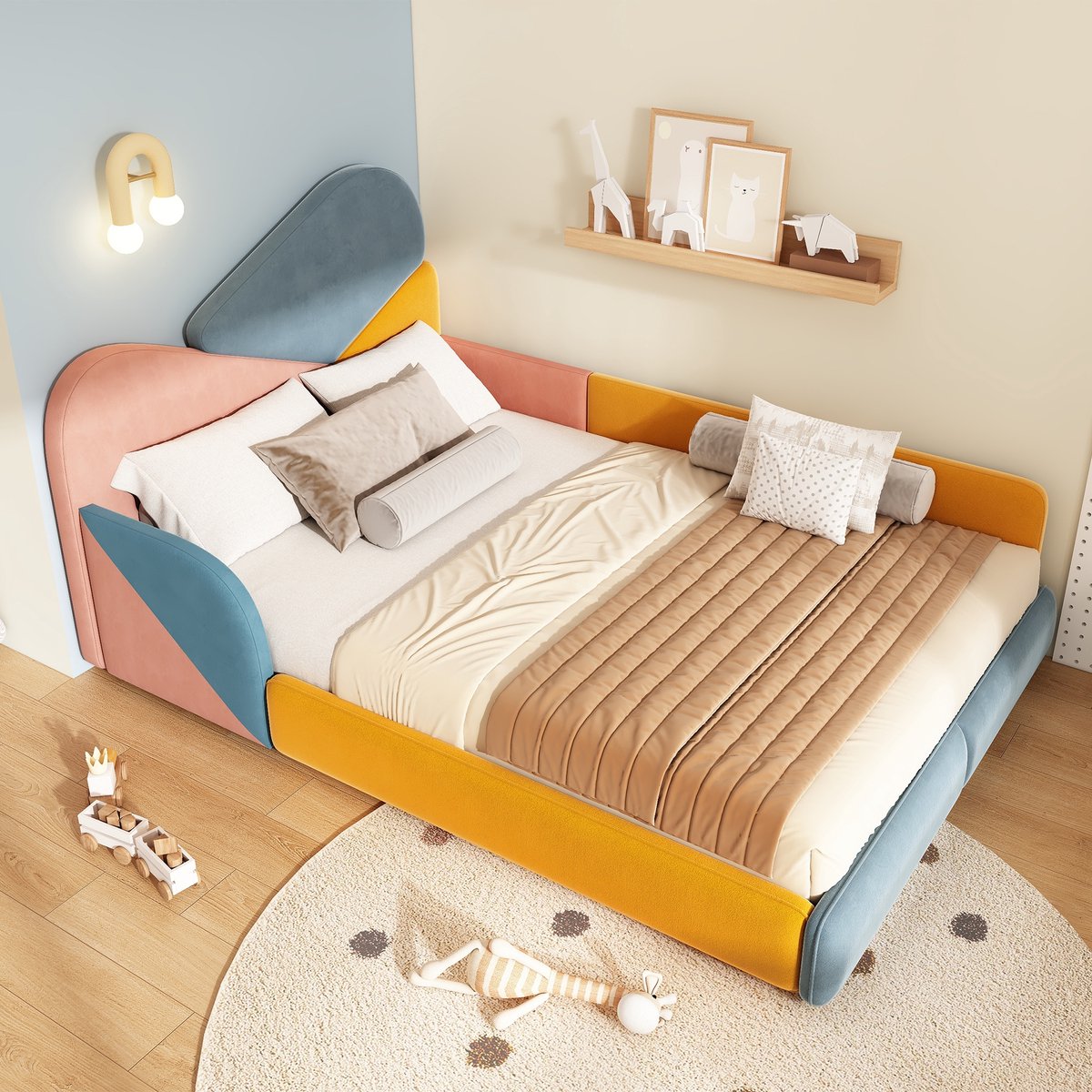 Sweiko Kinderbed – 140x200 cm – Gestoffeerd hoofdbord – Met zijbescherming – Meerkleurig