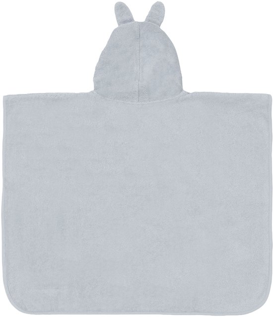 Lichtblauwe badponcho met capuchon in de vorm van een konijnenhoofd met oortjes. Achteraanzicht.
