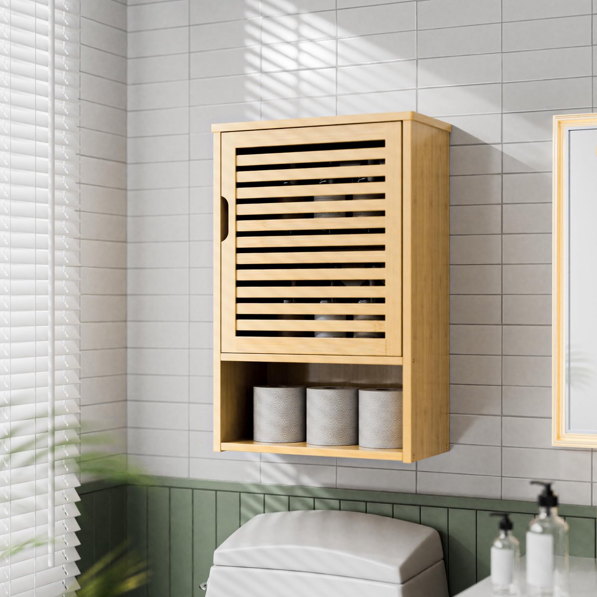 SnelShoppen - HANGENDE BADKAMER KAST - Bamboe Medicijnkast met 1 Deur en Verstelbare Plank - Opbergoplossing Boven Toilet voor Badkamer, Keuken en Woo