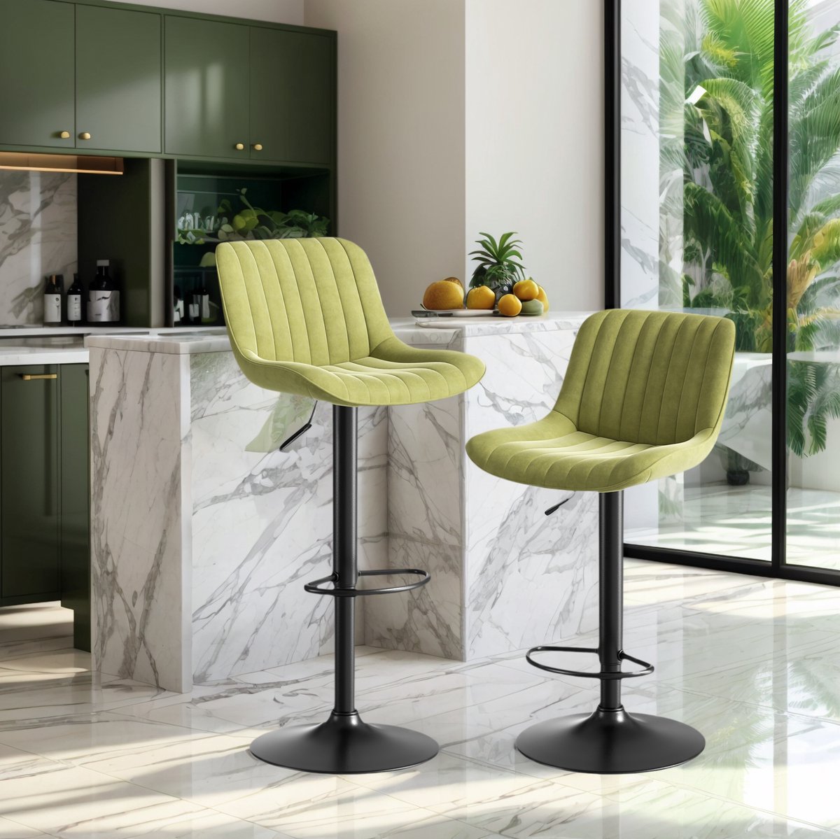 MEUNIQ Barkruk set van 2 in groen fluweel, hoogte verstelbaar 87-109 cm, 360° draaibaar, met rugleuning en voetsteun voor keuken of bar