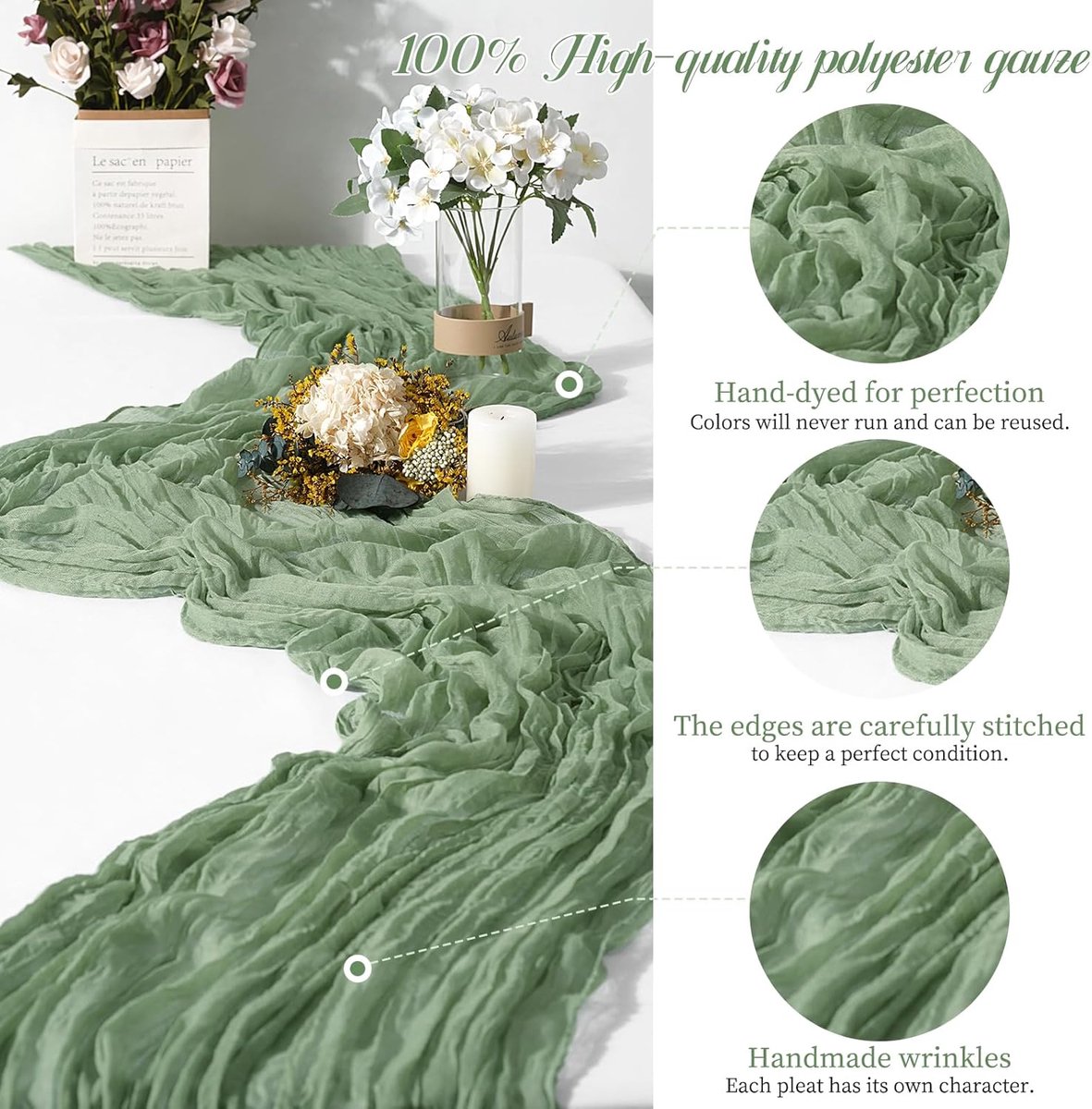 SnelShoppen - 10-Pack Sage Groene Kaasdoek Tafelrunner 45x275cm, Boho Sheer Stof voor Bruiloft, Feest, Verjaardag, Thuisdecoratie, Tuin, Landhuisstijl