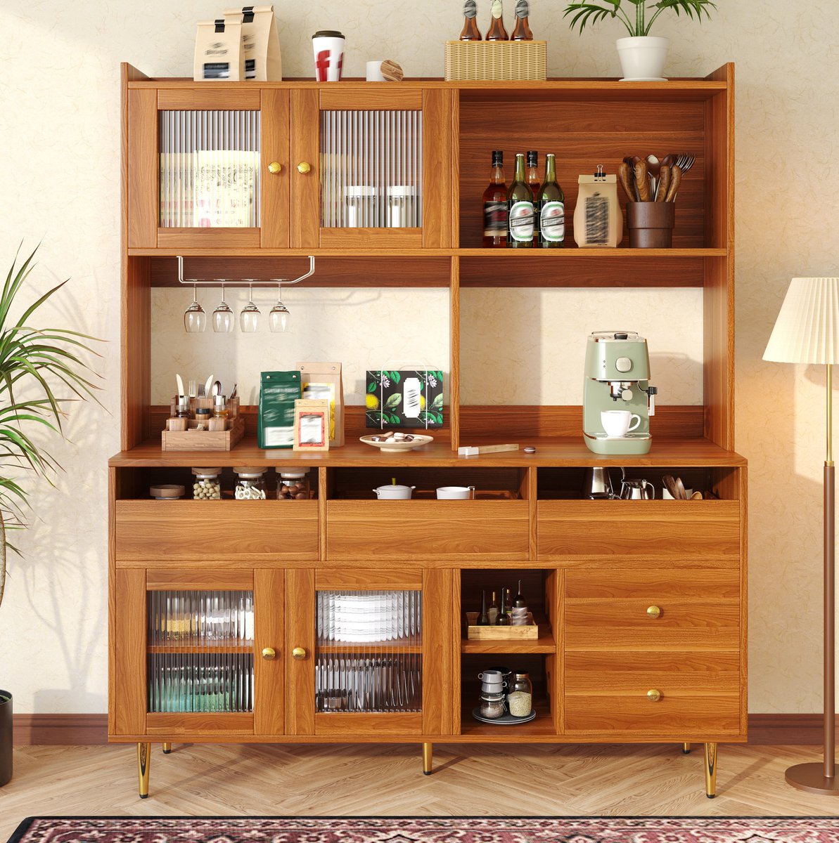 COVREO Buffetkast 145 x 39 x 171 cm - walnootbruin MDF - met wijnrek en opbergruimte