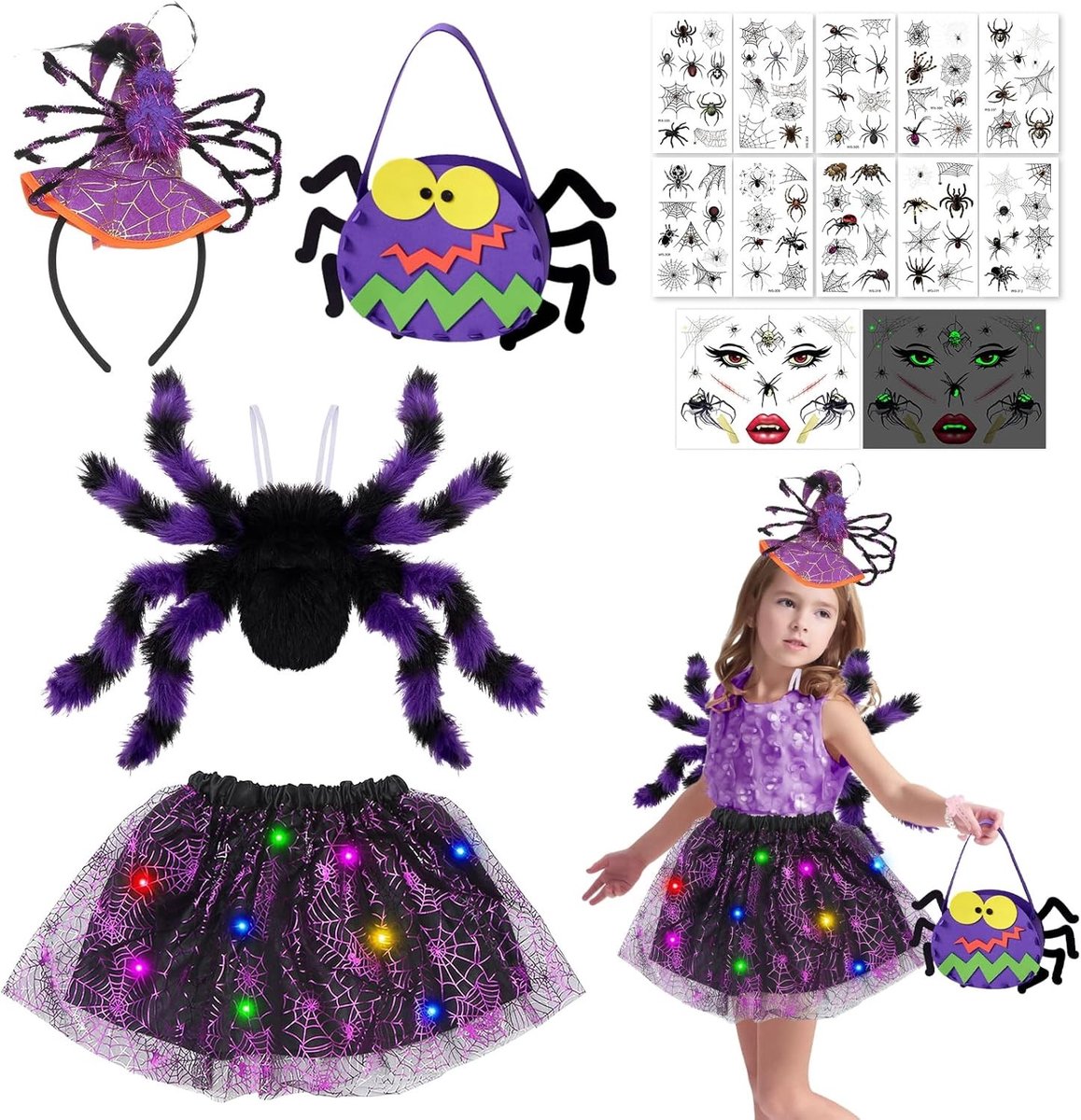 Griezelig Spinnenkostuum voor Kinderen met Tulle Rok, Rugzak en Haarband voor Halloween, Carnaval en Feestjes