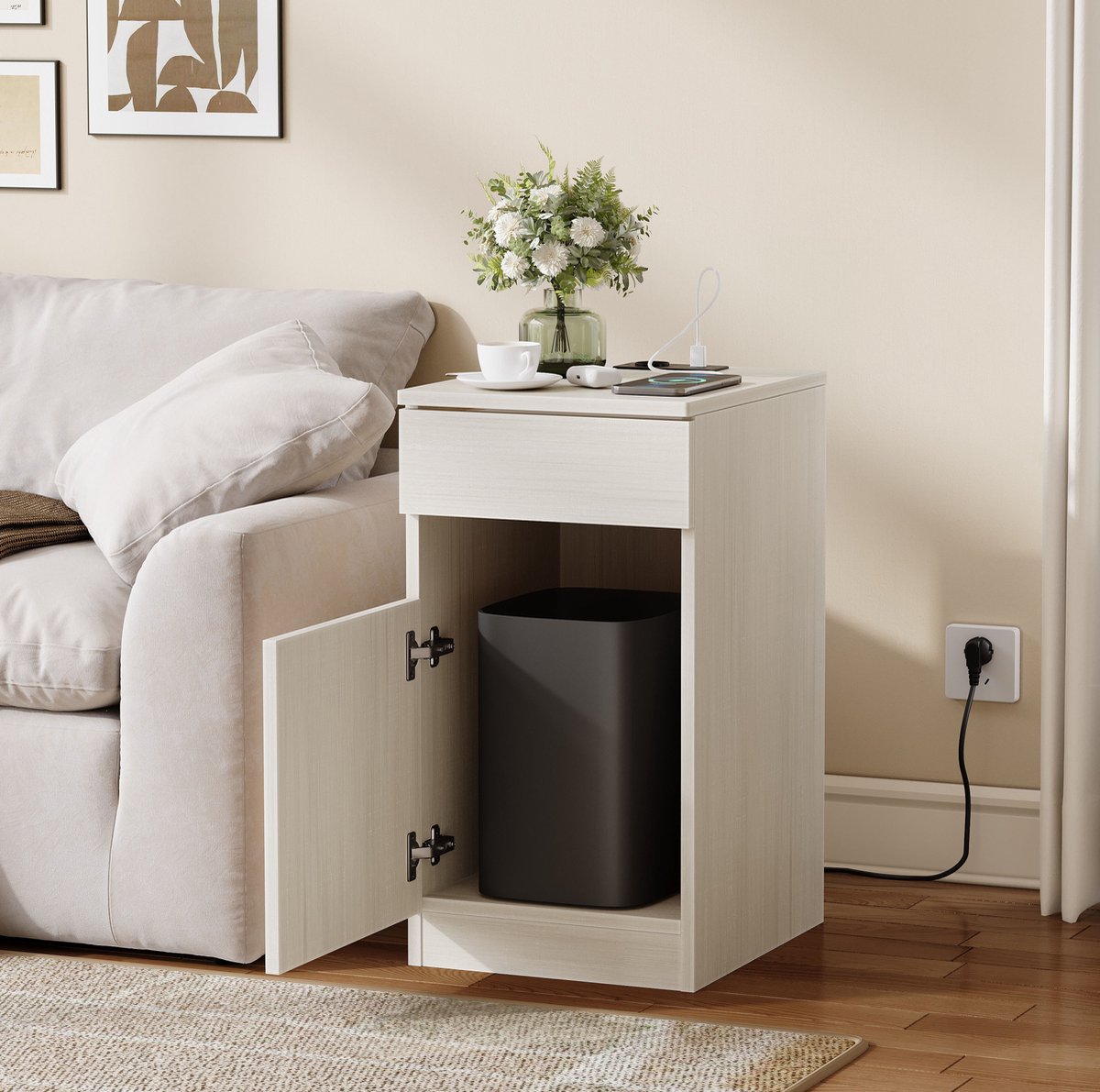 DESMIU Nachtkastje - Met Oplaadfunctie En Lade - Voor Slaapkamer Of Gastenkamer - MDF In Licht Houtlook - 33x40x61,5 Cm - Wit