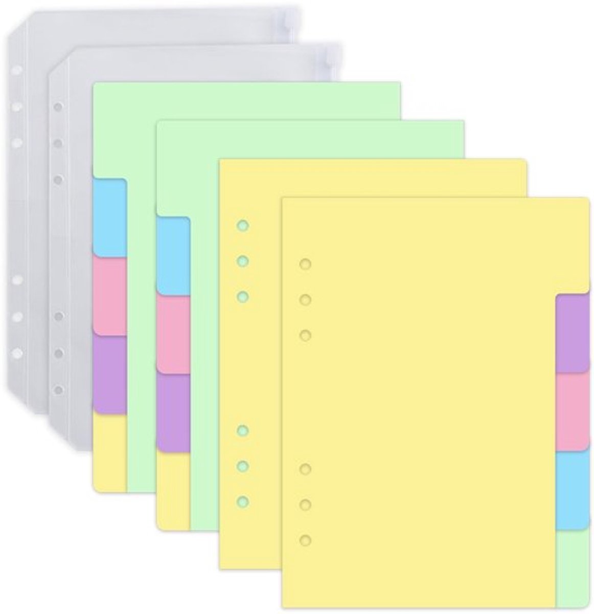 Scheidingsbladen 20 Vellen - A5 Formaat - 6 Gaten - 5 Vakken - Transparante Enveloppen - Hoogwaardig Papier/PVC - Kreukbestendig - Mapverdelers