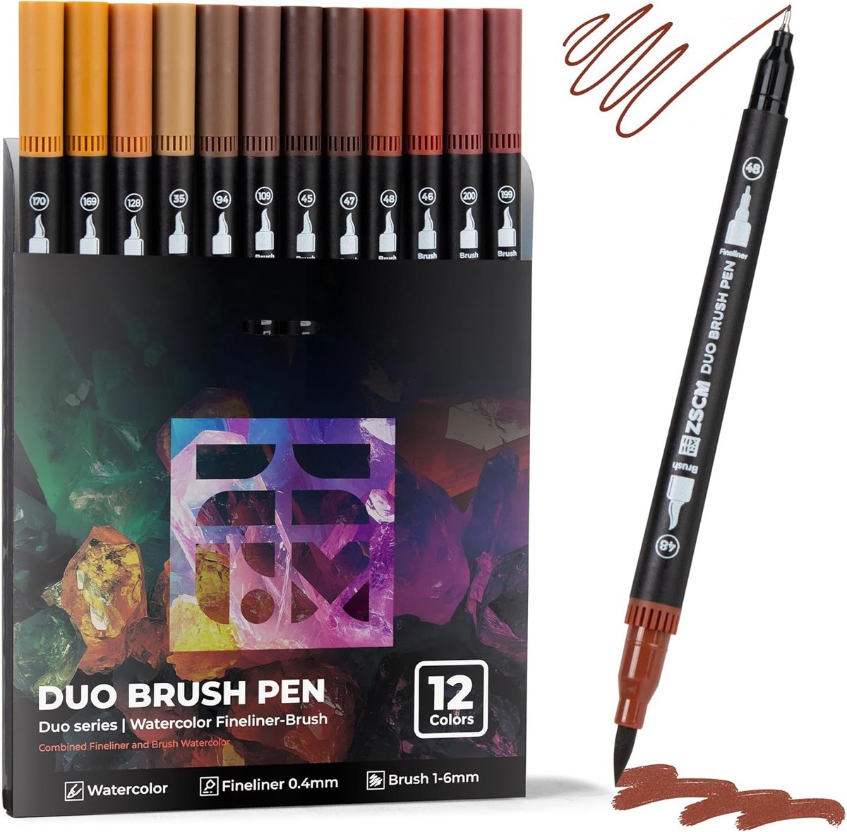 SnelShoppen - Duo Tip Marker Pens Set van 12 - Fijn & Pinsel Tip Bruine Markers voor Volwassen Kleurboeken - Aardetinten voor Houtstructuur, Dierenhui