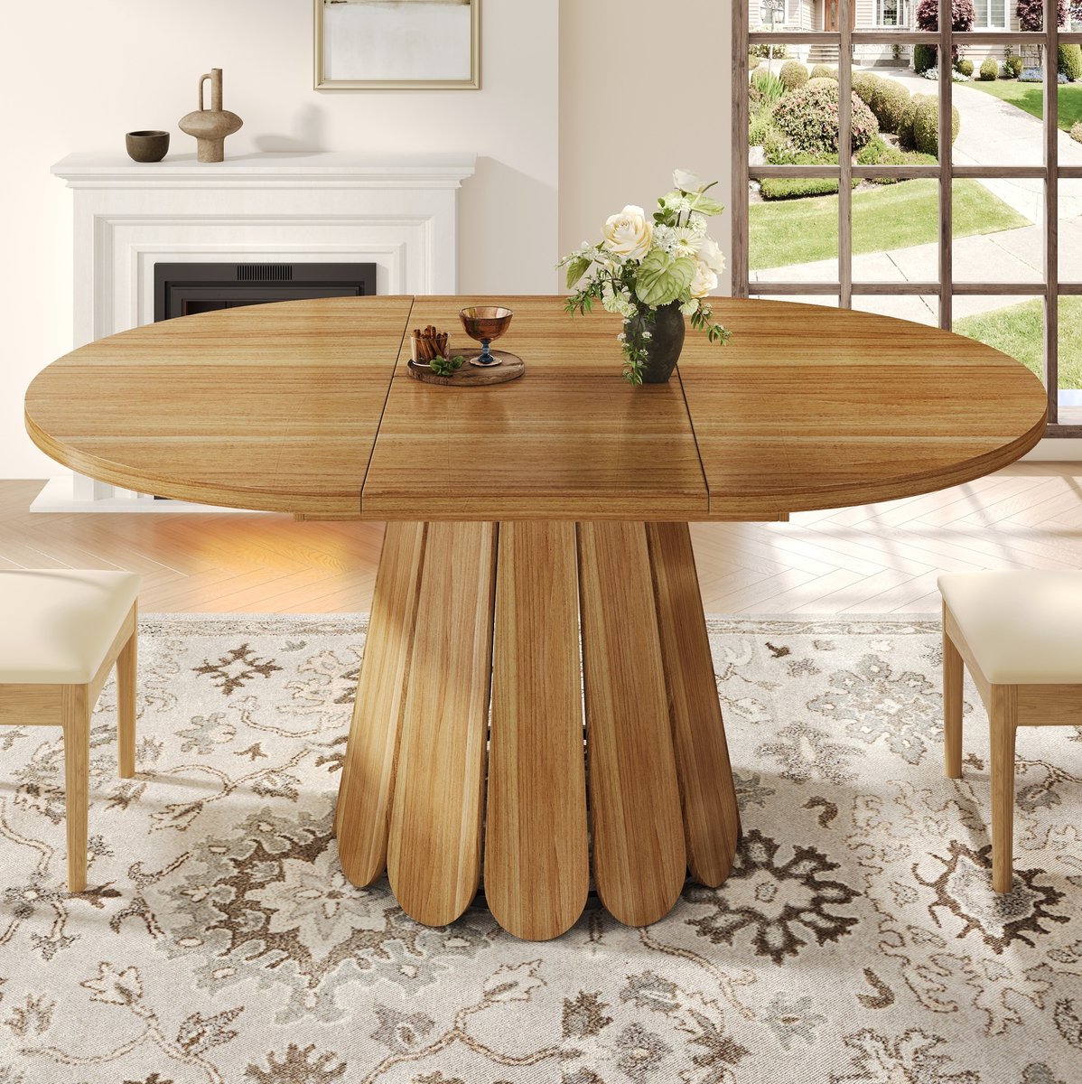 MEUNIQ uitschuifbare ronde eettafel 118-158 cm, ovaal uitschuifbaar tafelblad, voor 6 personen, houten look voor eetkamer of keuken, bruin Brown