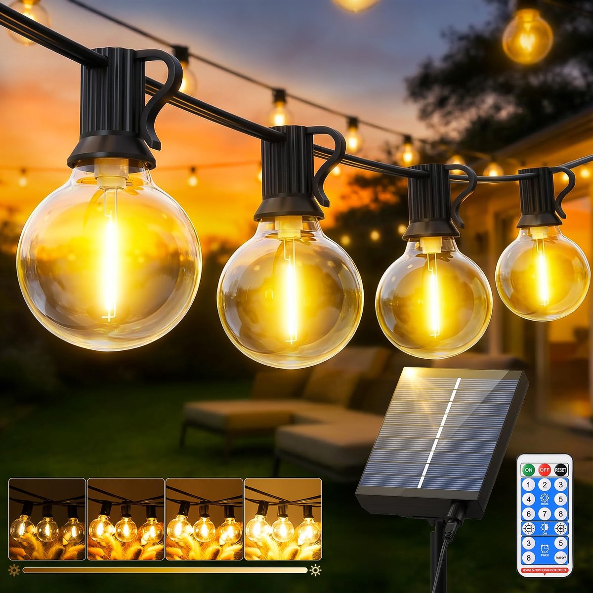 SnelShoppen - Lichtsnoer op Zonne-energie 15m voor Buiten, Dimbare Lichtketting met Afstandsbediening, G40 Decoratieve Verlichting voor Tuin, Balkon,