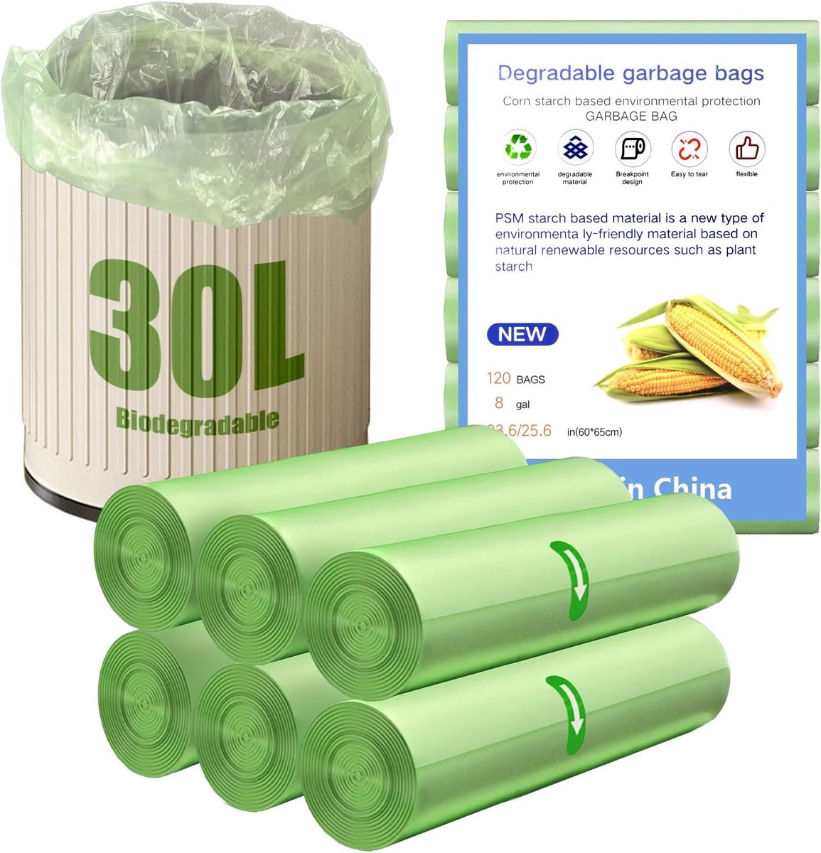 SnelShoppen - 120 Stuks Bio Afvalzakken 30L - 6 Rollen 60x65 cm - Scheurtstekker Vuilniszakken voor Huis, Keuken, Woonkamer, Kantoor, Groen