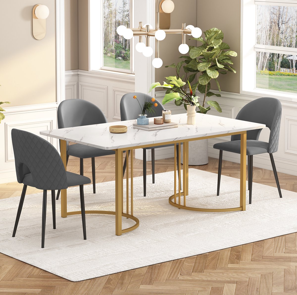 MEUNIQ Eetkamerset 140 x 80 cm – 5-delige set met 4 stoelen, marmerlook tafelblad en grijze fluwelen stoelen voor keuken en eetkamer