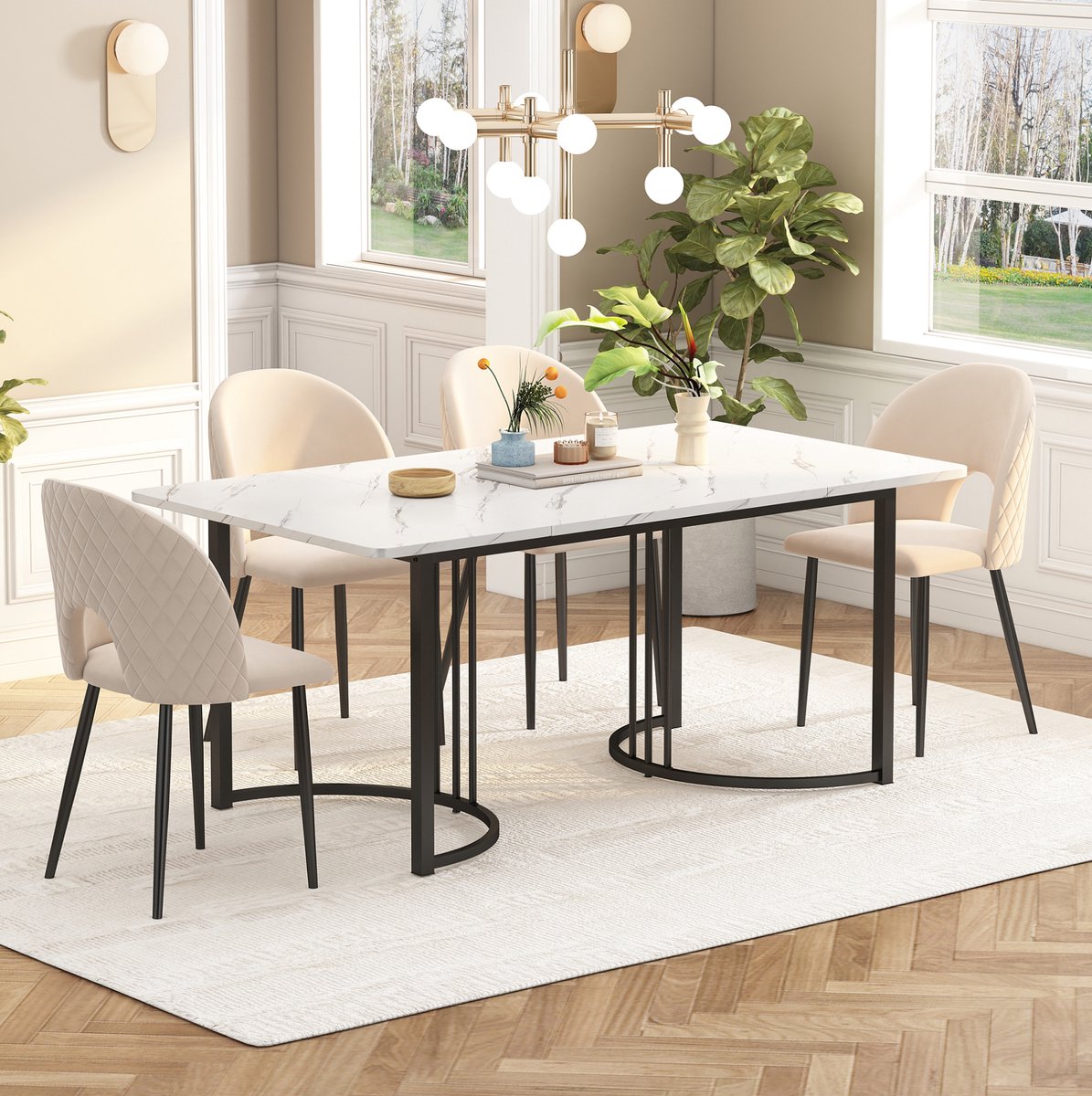 MEUNIQ eettafelset 140 x 80 cm met 4 stoelen, marmerlook tafelblad, beige fluwelen eetkamerstoelen en zwarte metalen poten voor keuken of eetkamer