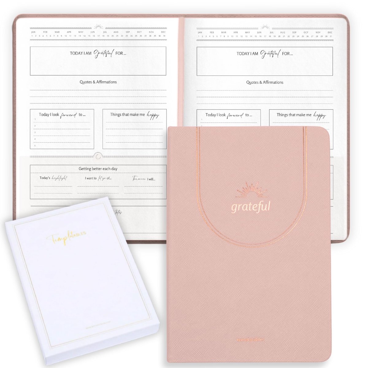 SnelShoppen - Templatables Gratitude Journal - Premium Lederen Notitieboek voor Dagelijkse Mindfulness, Zelfzorg met Goud Folie, 170gsm Papier, Satijn