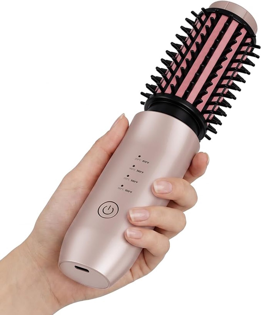 Draadloze krultangborstel, 2 in 1 draadloze haarcurler en stijltangborstel, 7000 mAh draagbare reiskrultang mini, oplaadbare krulstaaf met negatieve ionen, 150℃-210℃ (Roze)