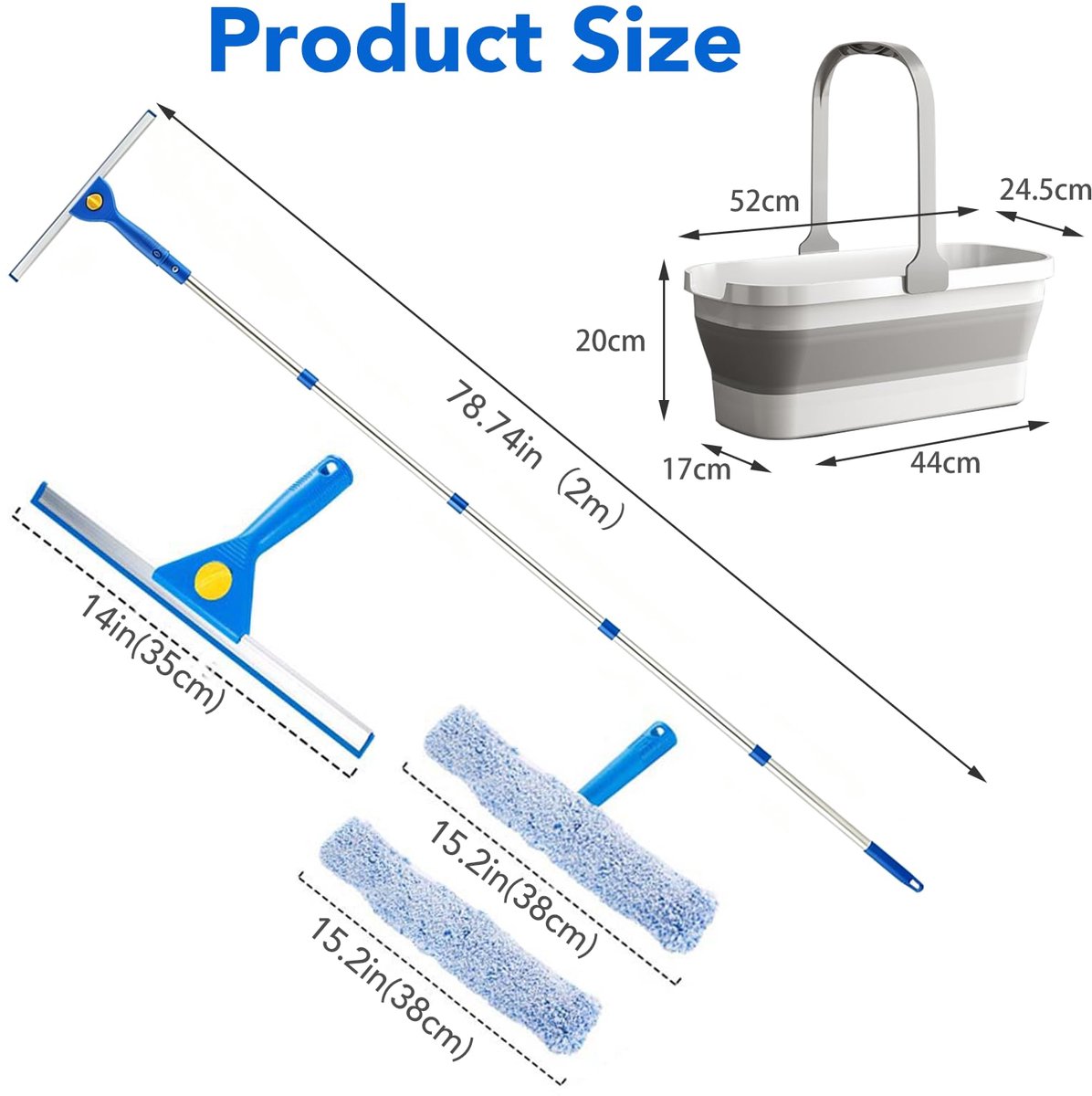 SnelShoppen - Professionele Raamreinigingsset met 12L Inklapbare Emmer, 14 Inch Siliconen Rakel, 15 Inch Microvezel Schrobber en 78 Inch Lange Handgre