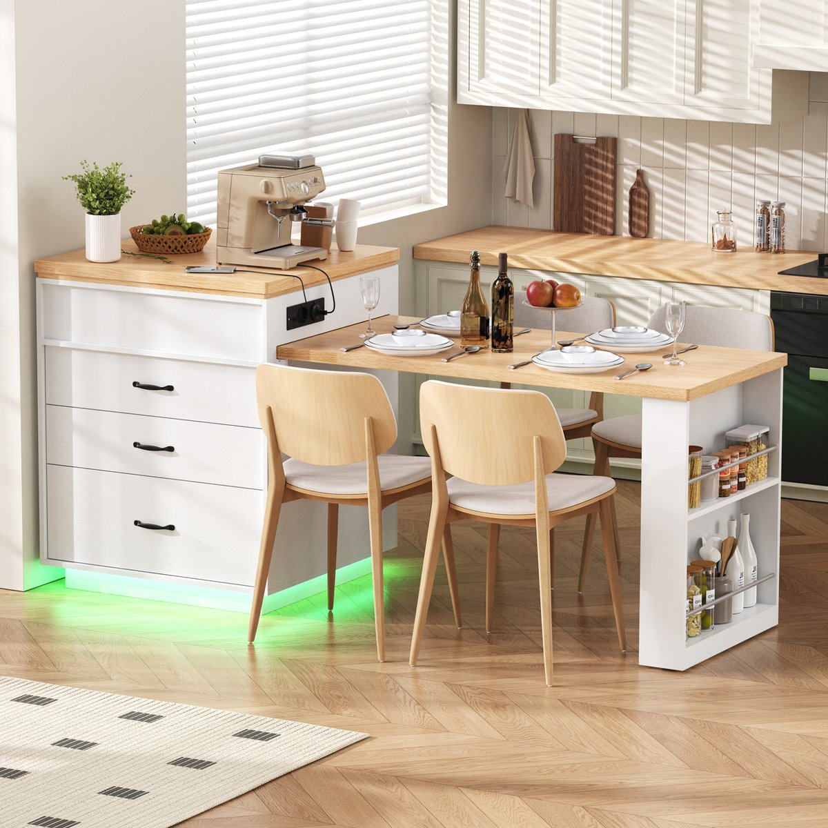 MEUNIQ uitrekbare eettafel keukeninsel met LED-verlichting, wielen, opberglades en USB/Type-C, wit met houtlook voor keuken en eetkamer