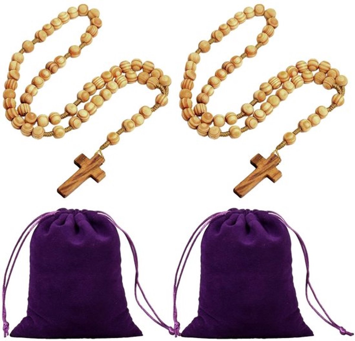 Rozenkrans Heren - Houten Kralen - Kruishanger - 2 Stuks - Opbergtas Flanel - Lengte 44 cm / 39,5 cm - Ketting