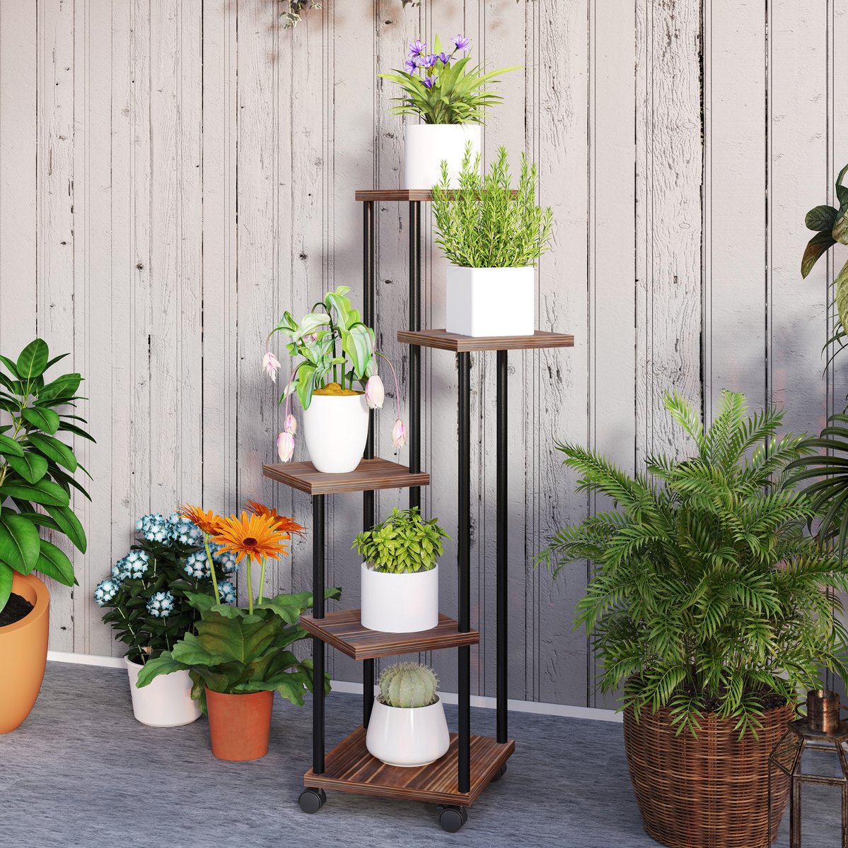 Plantenrek Vijf Laags Met Wielen 59 Bij 59 Bij 110 Cm Van Hout En Staal Zwart Voor Sfeervolle Plantenpresentatie In Huis En Tuin