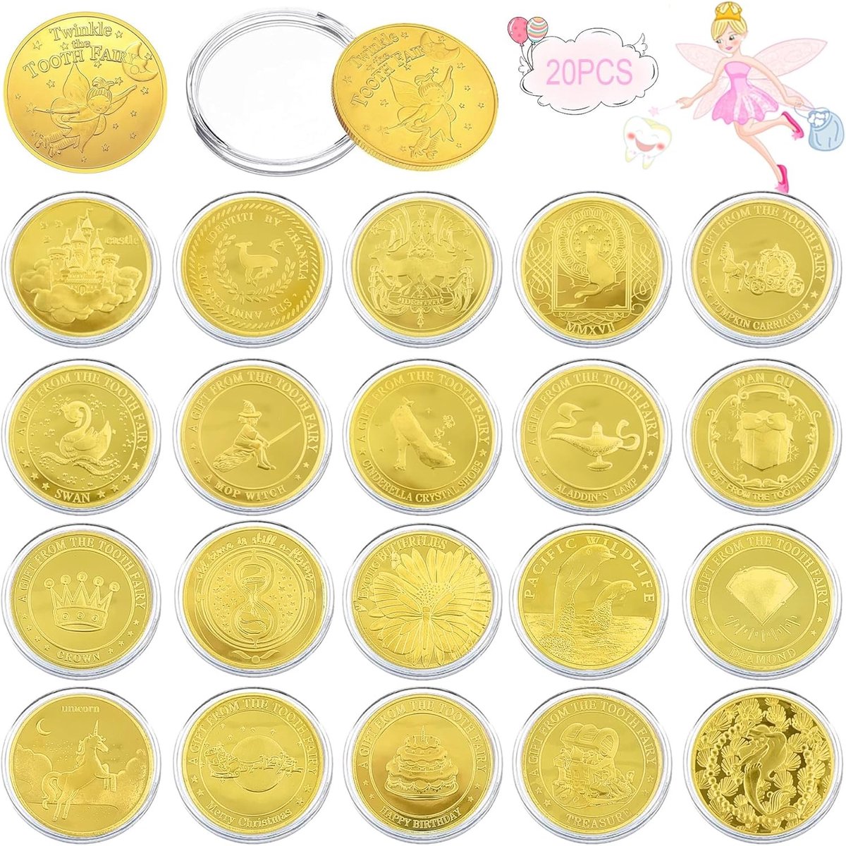 Toverachtige Tandenfee Munten, 20 Stuks Gouden Tandenfee Taler met Diverse Patronen, Perfect Tandenfee Cadeau voor Kinderen, Verjaardagscadeau en Herinneringen voor Meisjes en Jongens