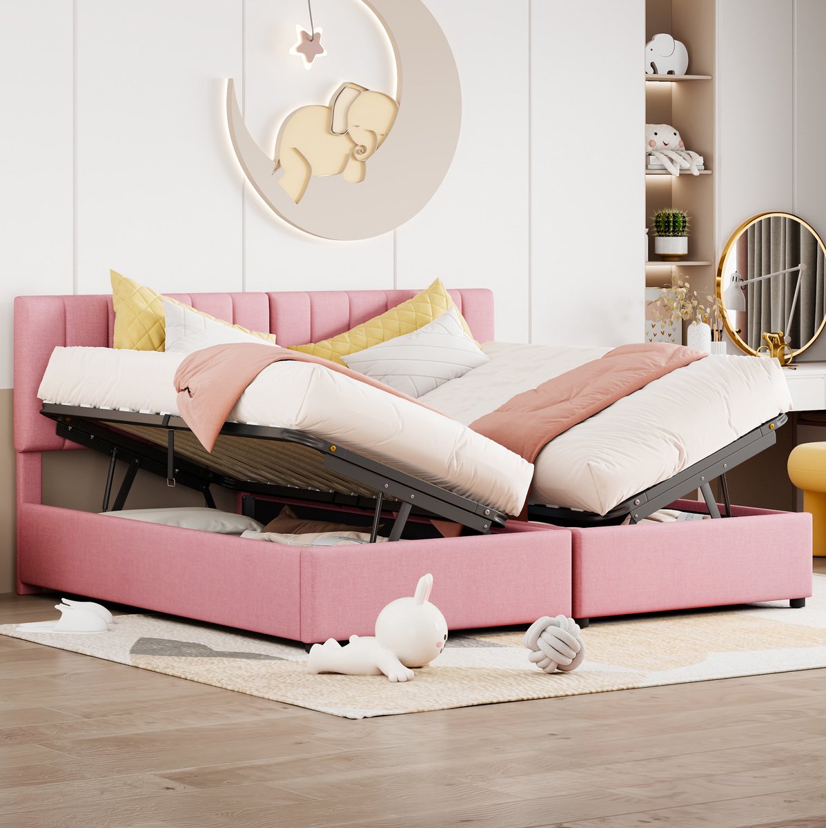 COVREO Bed 180x200 cm, roze stof, hydraulische opbergruimte, zonder matras