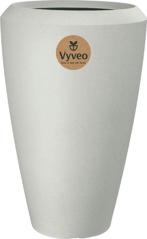 Hoge, lichte, conische bloempot met subtiele textuur, met logo aan de voorkant.