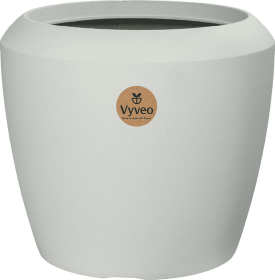 Lichtgrijze, afgeronde Vyveo bloempot met een sticker met logo en tekst.