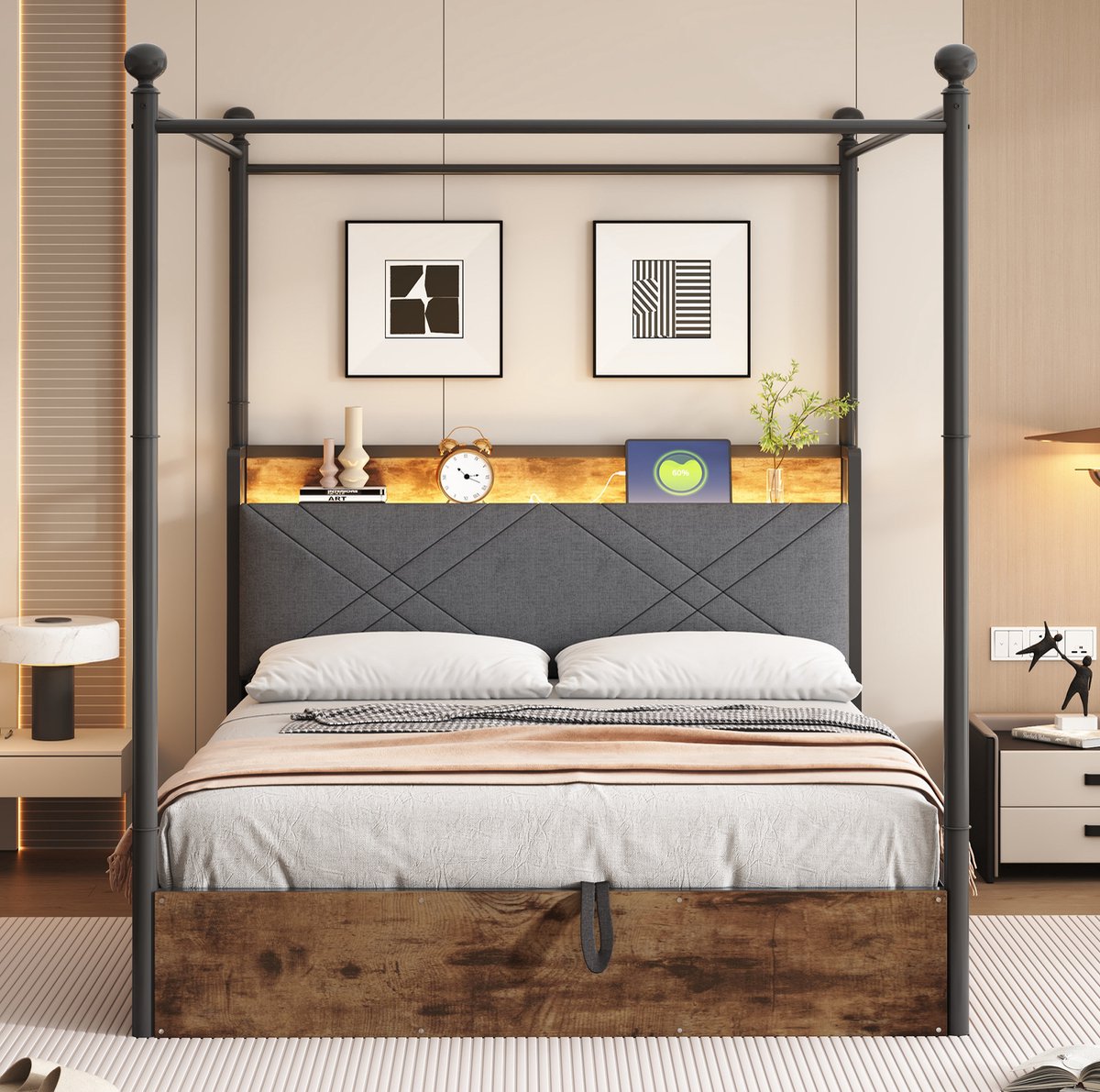 COVREO Multifunctioneel bedframe met opbergruimte – 140x190 cm – Hemelbed van metaal en houtlook – voor slaapkamer en kinderkamer – zwart - zonder matras