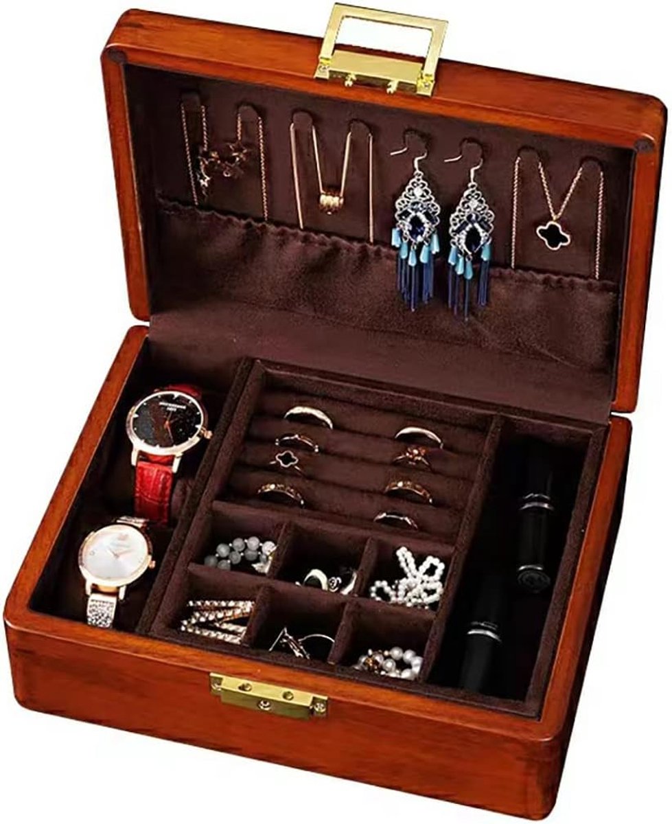 SnelShoppen - Massief Houten Sieradendoos 2 Lagen met Fluwelen Interieur, Vintage Sieradenorganizer met Slot en Sleutel, Perfecte Opbergdoos voor Oorb