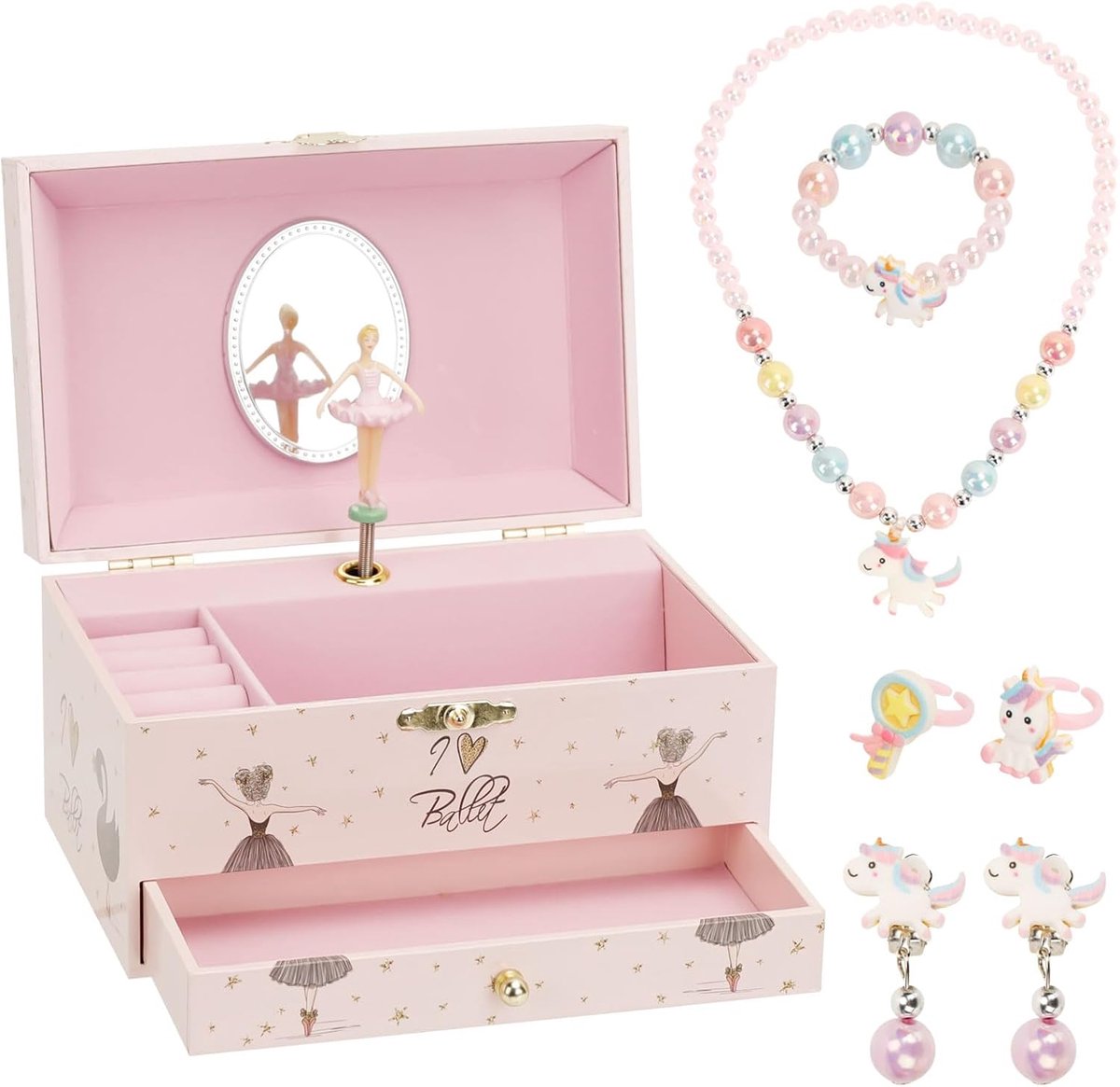 SnelShoppen - Sieradendoosje met Muziek, Muziekdoos voor Meisjes met Ballerina en Eenhoorn Spiegel, Sieradenorganizer voor Halskettingen, Armbanden, R