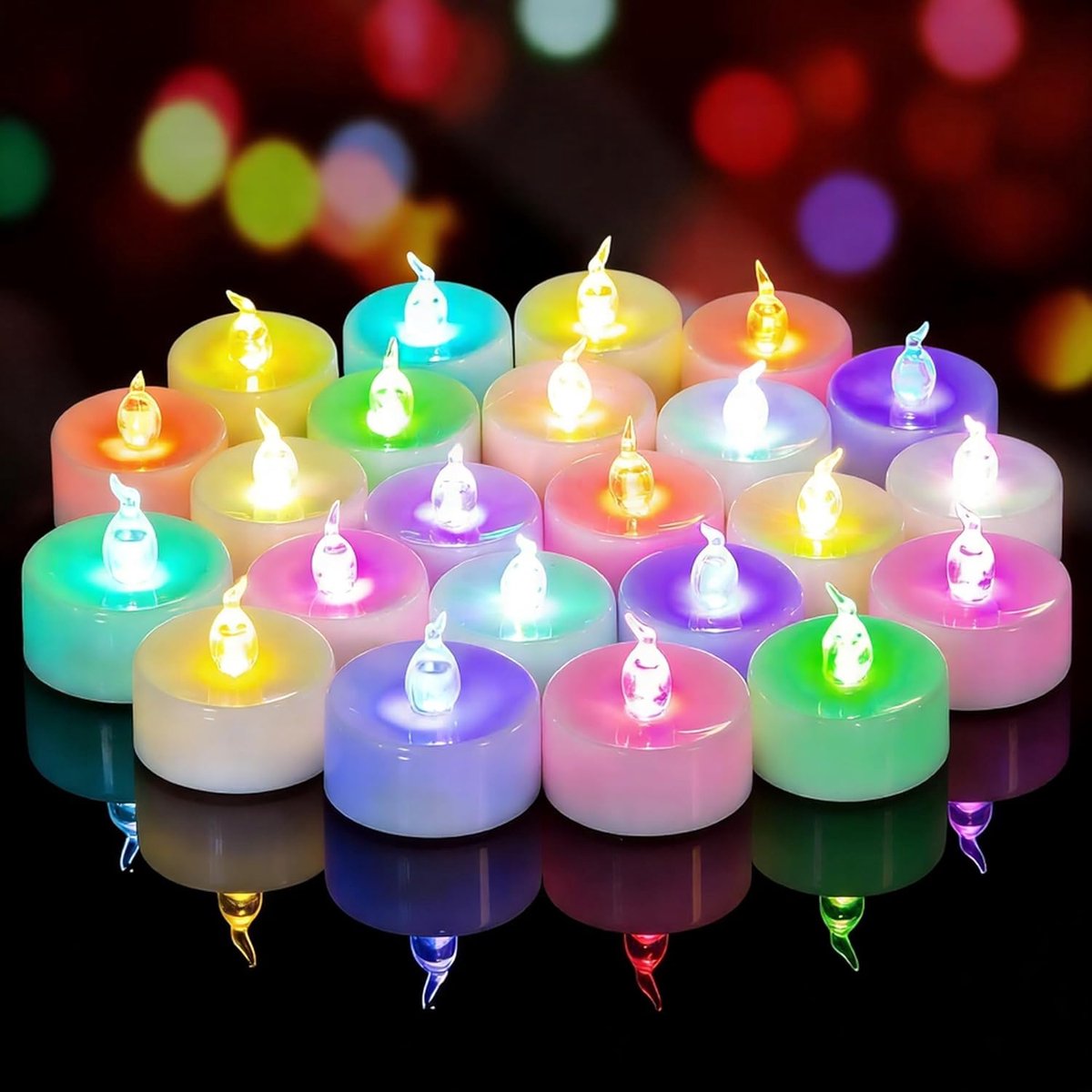 SnelShoppen - 24 stuks kleurrijke LED-theelichtjes, vlamloze flikkerende theelichtjes op batterijen, langzaam wisselende kleuren, perfect voor Kerstmi