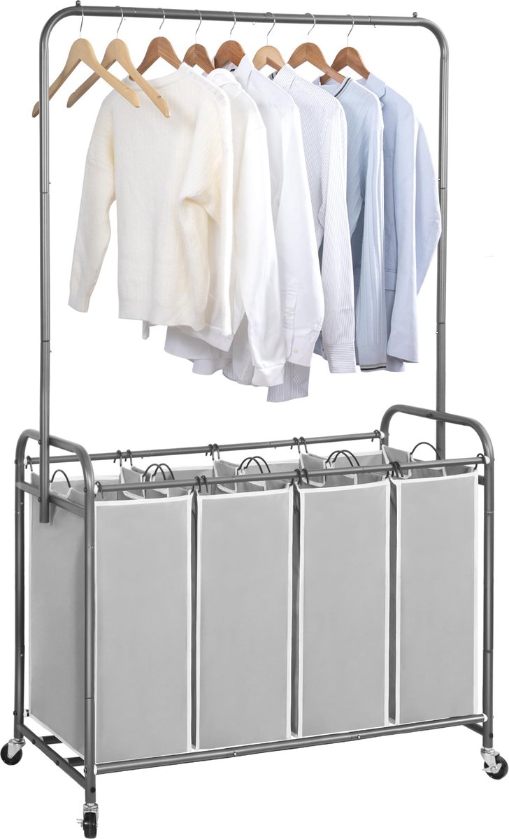 SnelShoppen - Wassorteerder met Hangende Bar - Draagbare Verwijderbare Wasmand met 4 Secties - 181L - Rollende Organizer met Vergrendelbare Wielen - W