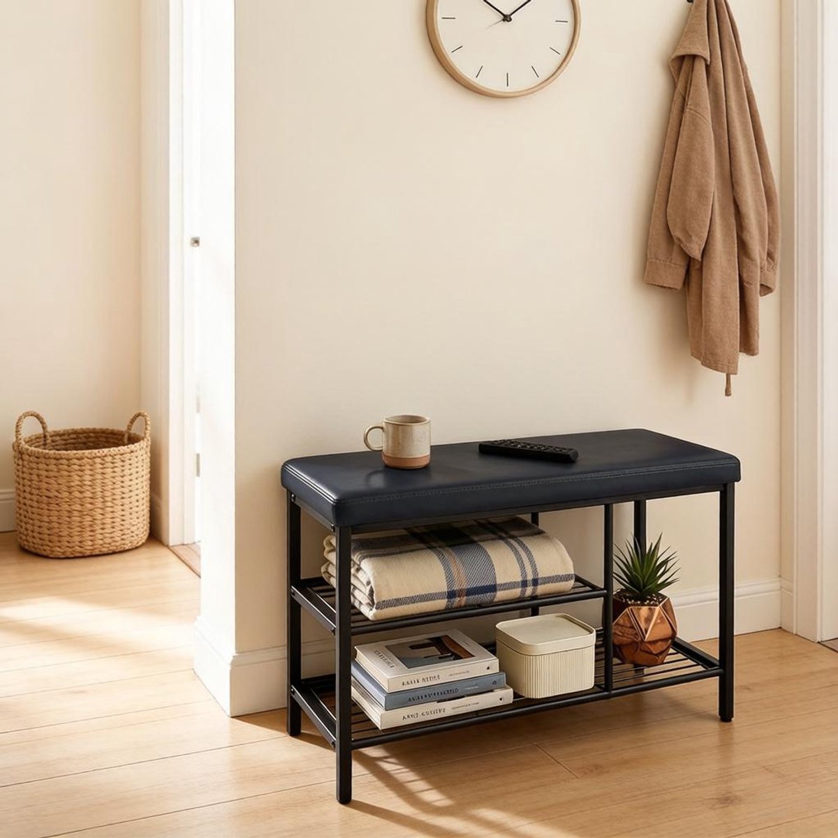 REDOM - Schoenenkast met zitbank - Open opbergrek met 3 vakken - Metalen frame en verstelbare poten - Kunstleren zitkussen - Modern - Hal en woonkamer - Zwart - 80 x 30 x 50 cm
